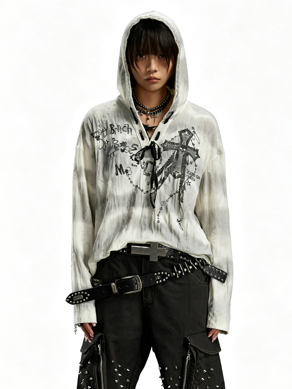 'Sequin Faith' Streetwear Sequin Tie-Dye Cross Print Hoodie
