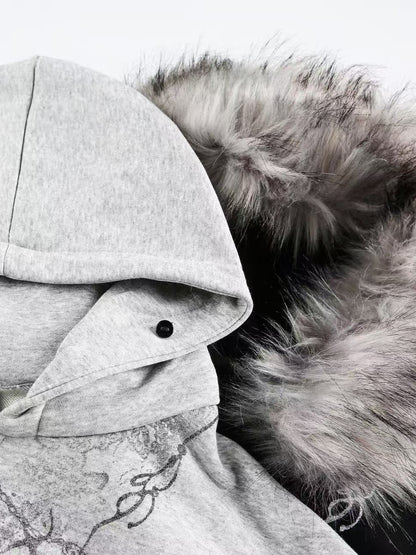 'Lonely Island' Y2K Detachable Furry Hood Printed Half-Zip Hoodie