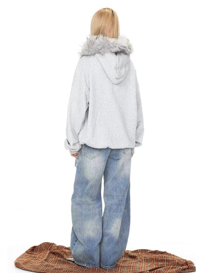 'Lonely Island' Y2K Detachable Furry Hood Printed Half-Zip Hoodie