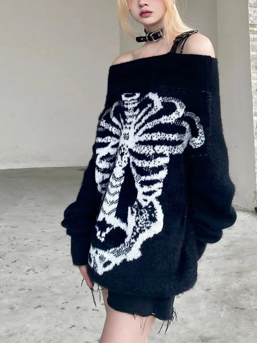 'Flower Bone' Dark Pattern Shoulder Off Oversized Sweater AlielNosirrah