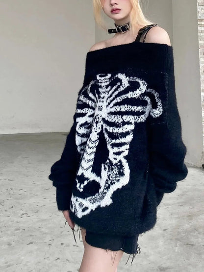 'Flower Bone' Dark Pattern Shoulder Off Oversized Sweater AlielNosirrah