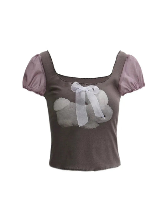 'Gray Rabbit' Cute Core Kawaii Coquette Ribbon Crop Top AlielNosirrah