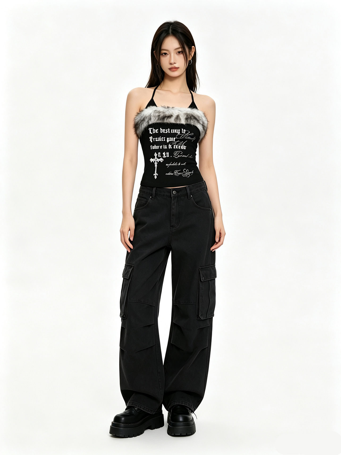 'Nostalgia Fluffy' Y2K Vintage Letter Print Fleece Halter Cami Top