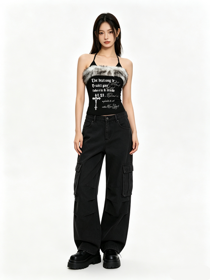 'Nostalgia Fluffy' Y2K Vintage Letter Print Fleece Halter Cami Top