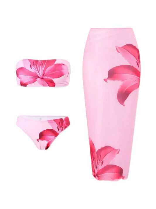 'Petal Potion‘ Y2k Pink Summer Beach Core Flower Bikini Set With Midi Skirt AlielNosirrah