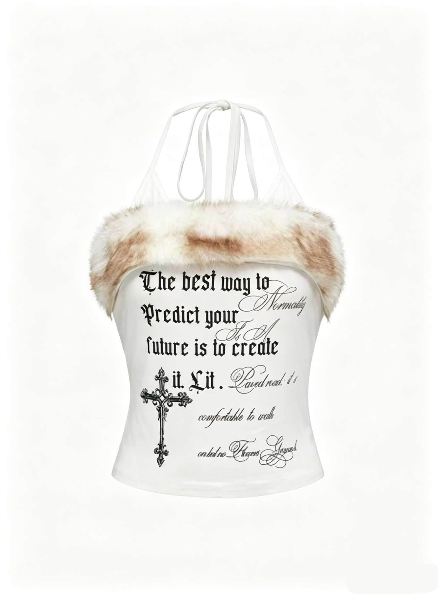 'Nostalgia Fluffy' Y2K Vintage Letter Print Fleece Halter Cami Top