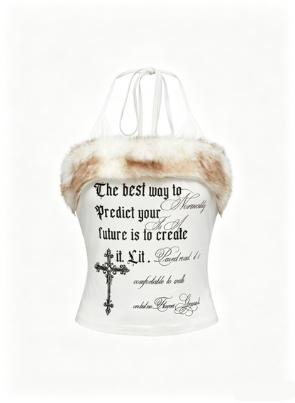 'Nostalgia Fluffy' Y2K Vintage Letter Print Fleece Halter Cami Top