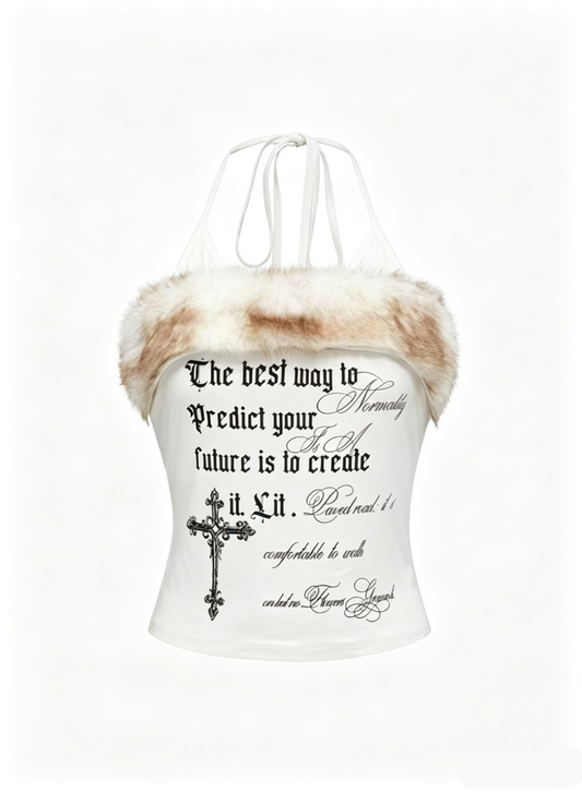 'Nostalgia Fluffy' Y2K Vintage Letter Print Fleece Halter Cami Top