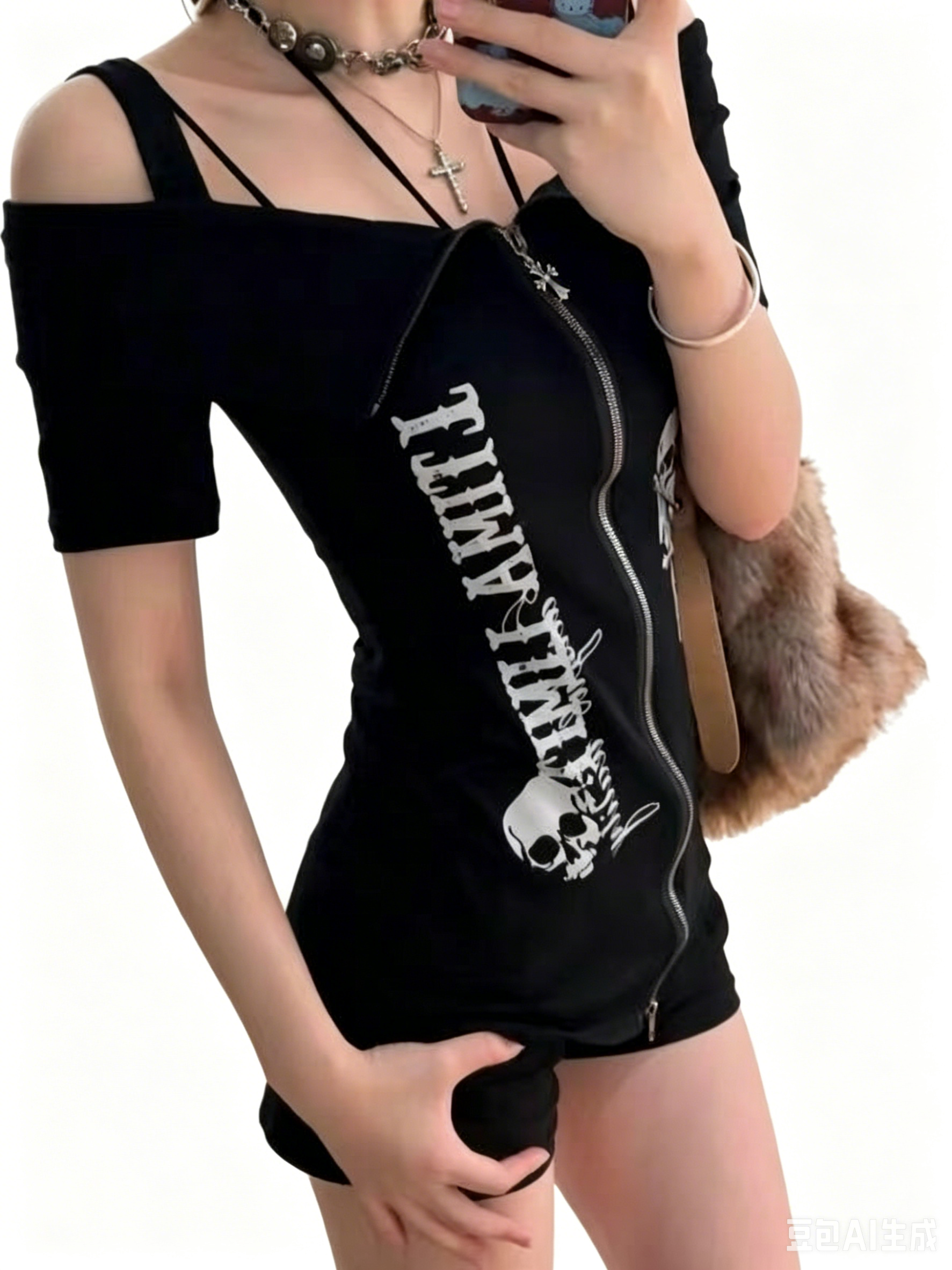 'Skull Knite' Alt Grunge Cotton Off-Shoulder Skull Shirts AlielNosirrah