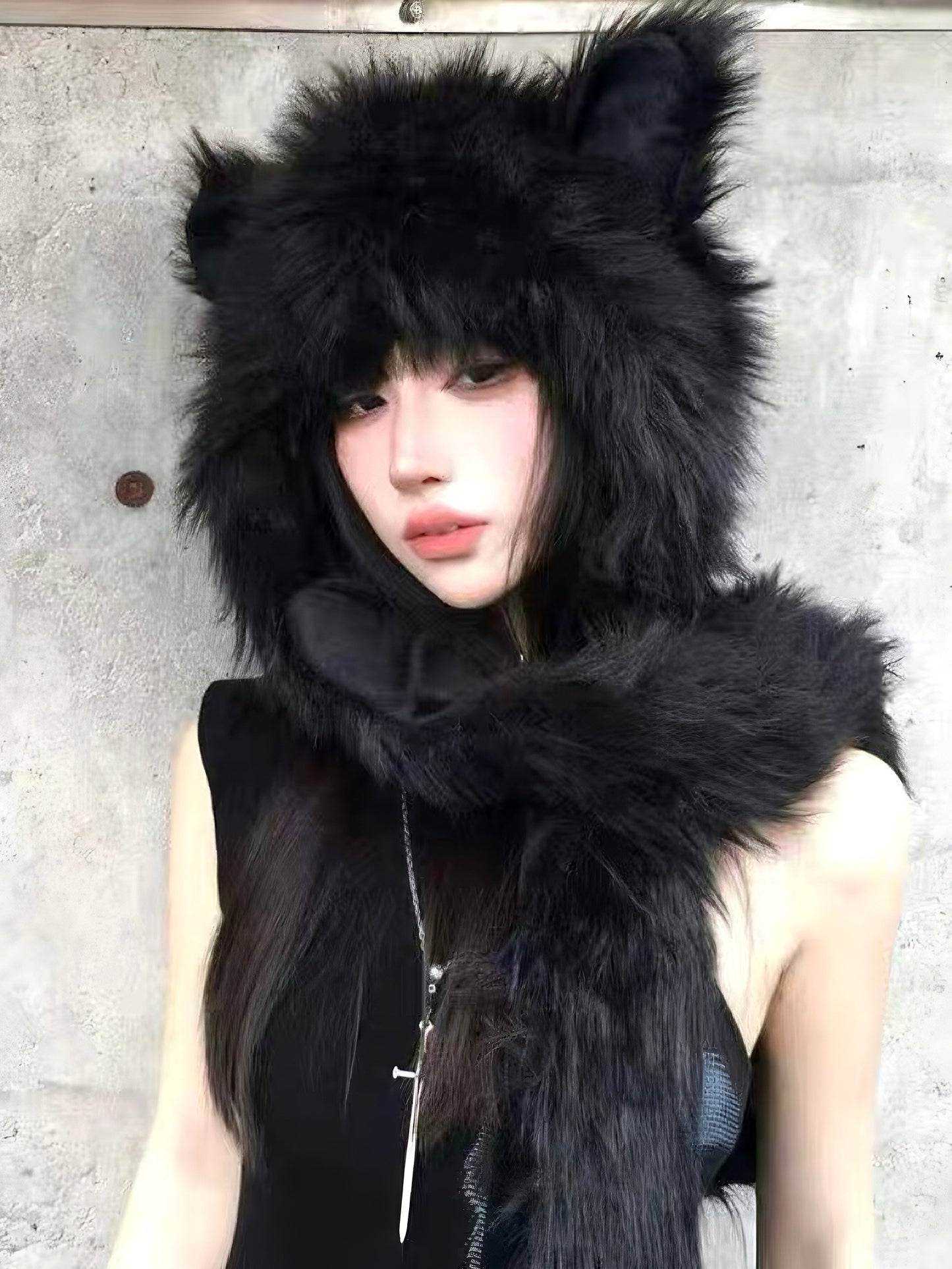 'Black Cat' Y2k Fluffy Cat Hat & Scarf AlielNosirrah