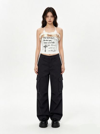 'Nostalgia Fluffy' Y2K Vintage Letter Print Fleece Halter Cami Top