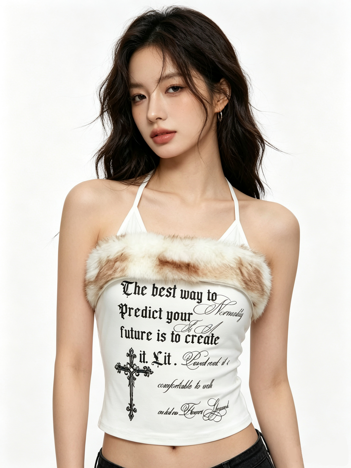 'Nostalgia Fluffy' Y2K Vintage Letter Print Fleece Halter Cami Top