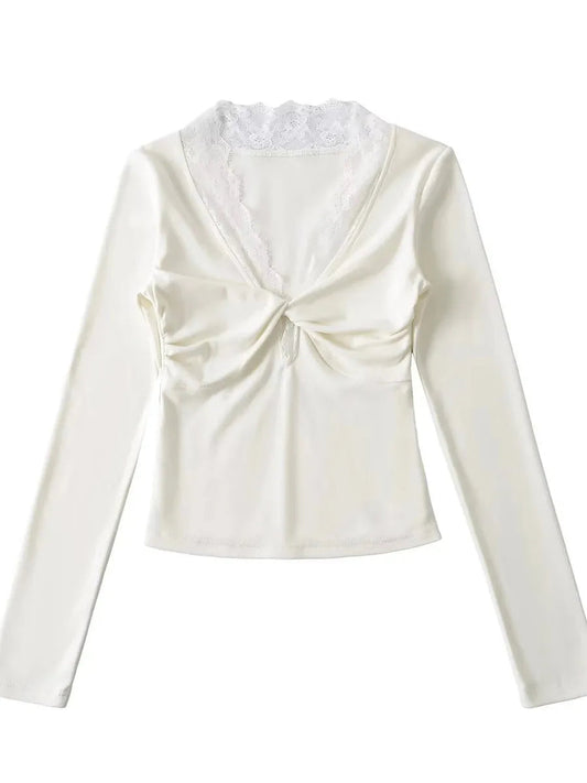 'Vanilla‘ Coquette Twisted Lace Long Sleeve Shirts AlielNosirrah