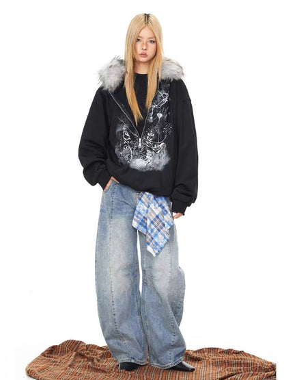 'Lonely Island' Y2K Detachable Furry Hood Printed Half-Zip Hoodie