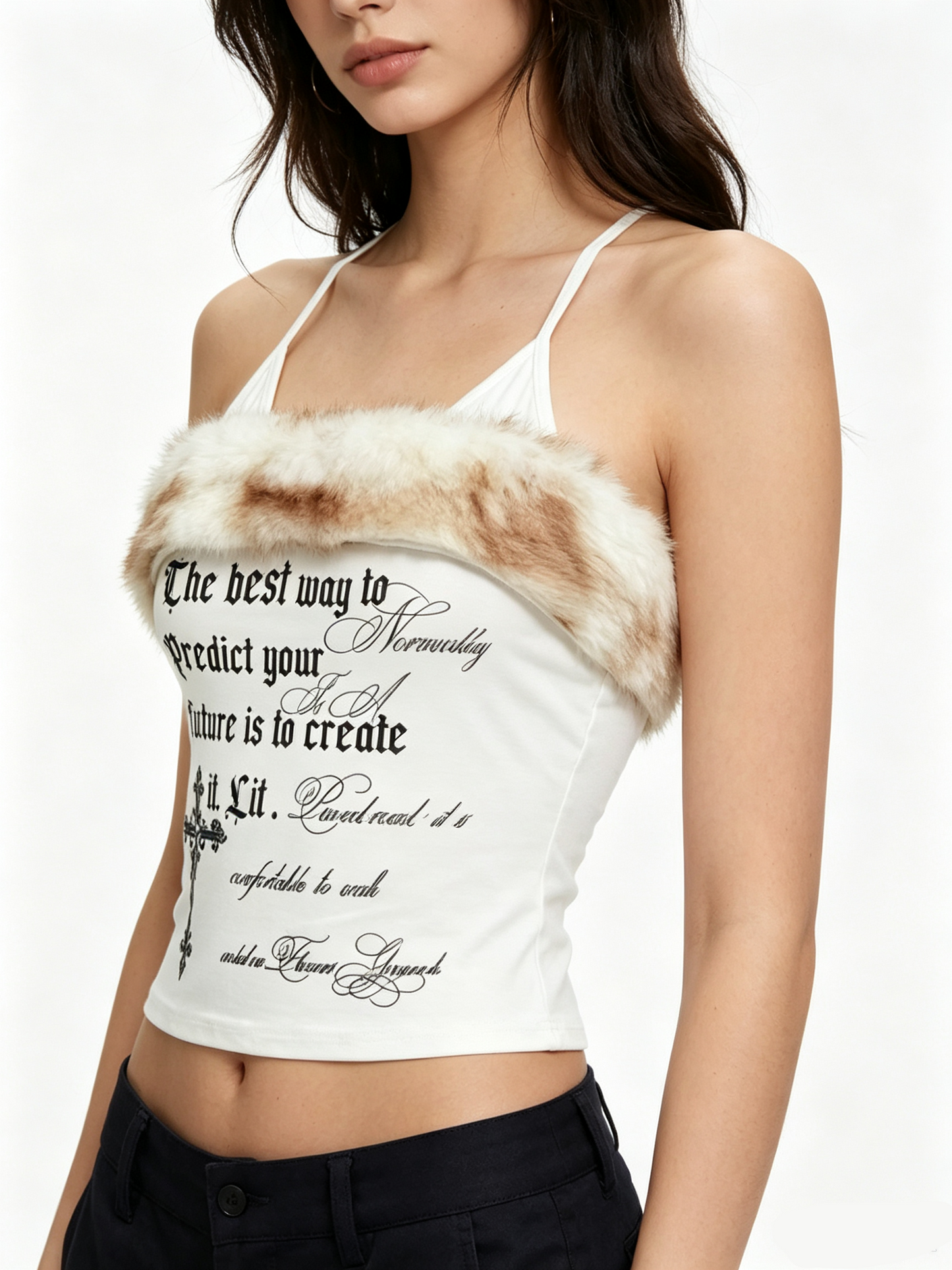 'Nostalgia Fluffy' Y2K Vintage Letter Print Fleece Halter Cami Top