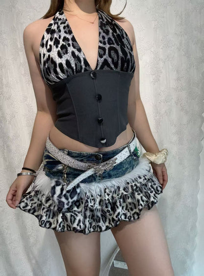 'Leopard Bite' Patchwork Denim Mini Skirt AlielNosirrah