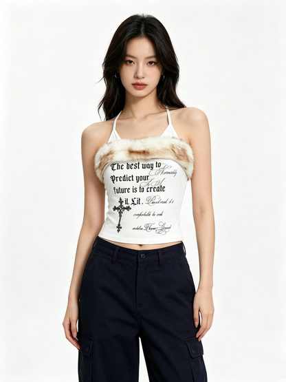 'Nostalgia Fluffy' Y2K Vintage Letter Print Fleece Halter Cami Top