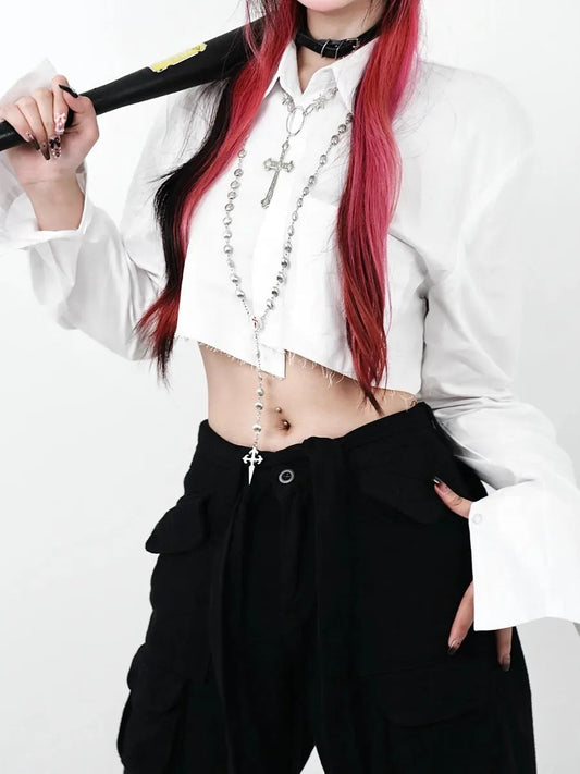 'Holyland' Dark Long Sleeves Irregular Crop Shirt AlielNosirrah