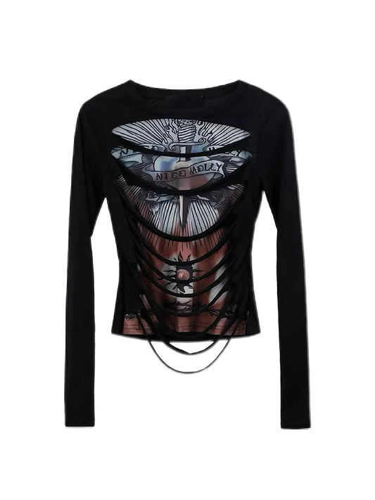 'Grunge Revival' Punk Style Ripped Details Long Sleeve Top AlielNosirrah