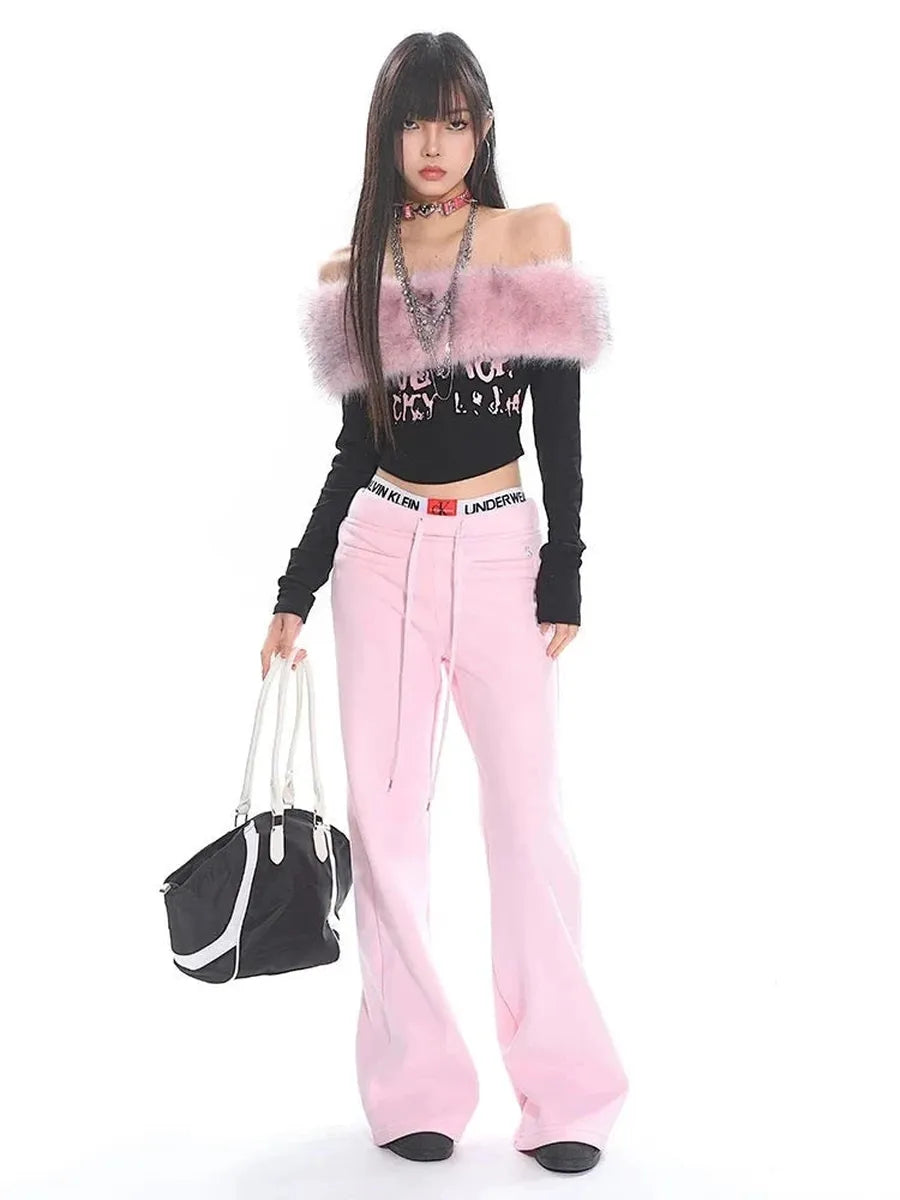 'Pink Shake'Y2k Soft Pink Fleeced Bell Shape Pants AlielNosirrah
