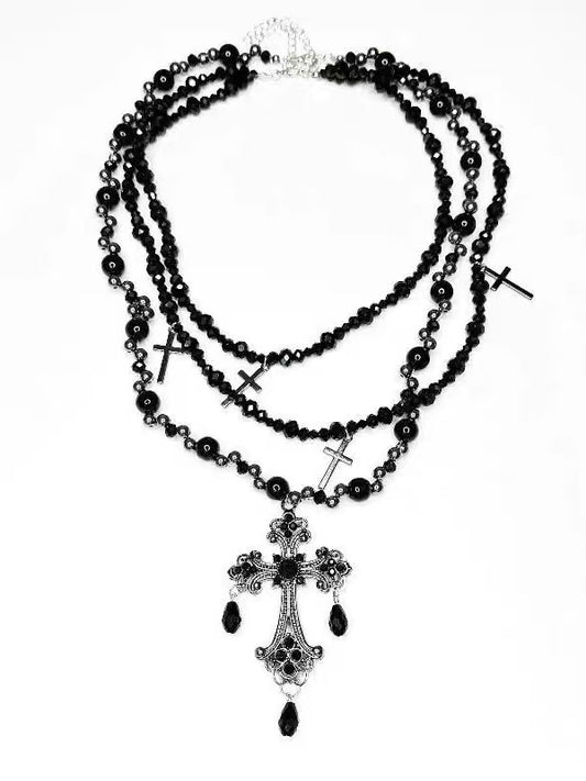 'Obsidian Cathedral 'Gothic Layered Cross Beaded Necklace AlielNosirrah
