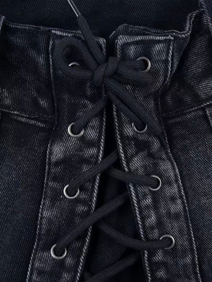 'Street Rogue' Vintage Heavy-Duty Lace-Up Denim Shorts AlielNosirrah