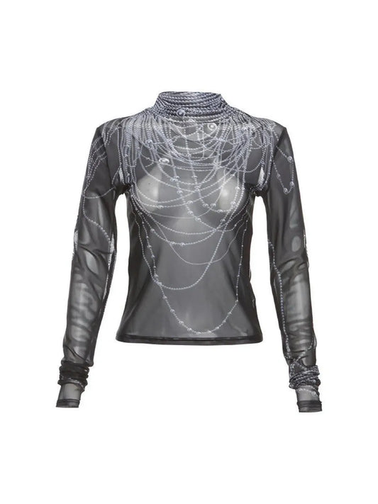 'Ghost Pearl' Punk Grunge Pearl Beads Print Mesh See Through Top AlielNosirrah