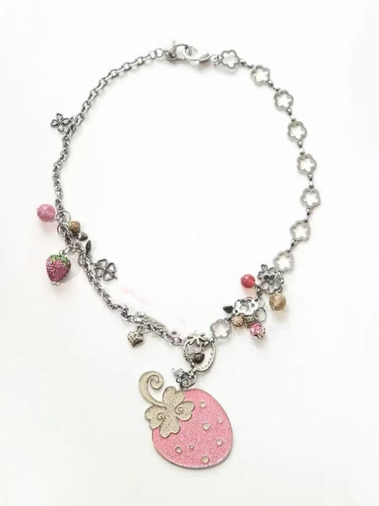 'Strawberry Bud' Glitter Strawberry Pendant Metal Necklace AlielNosirrah