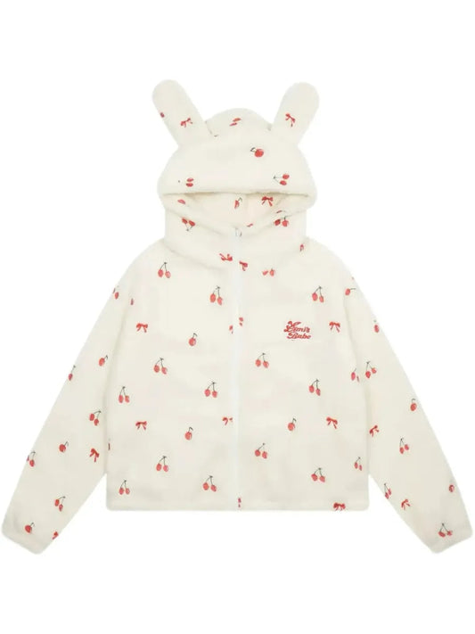 'Cherry Kiss' Coquette Cherry Fleeced Bunny Ears Coat AlielNosirrah