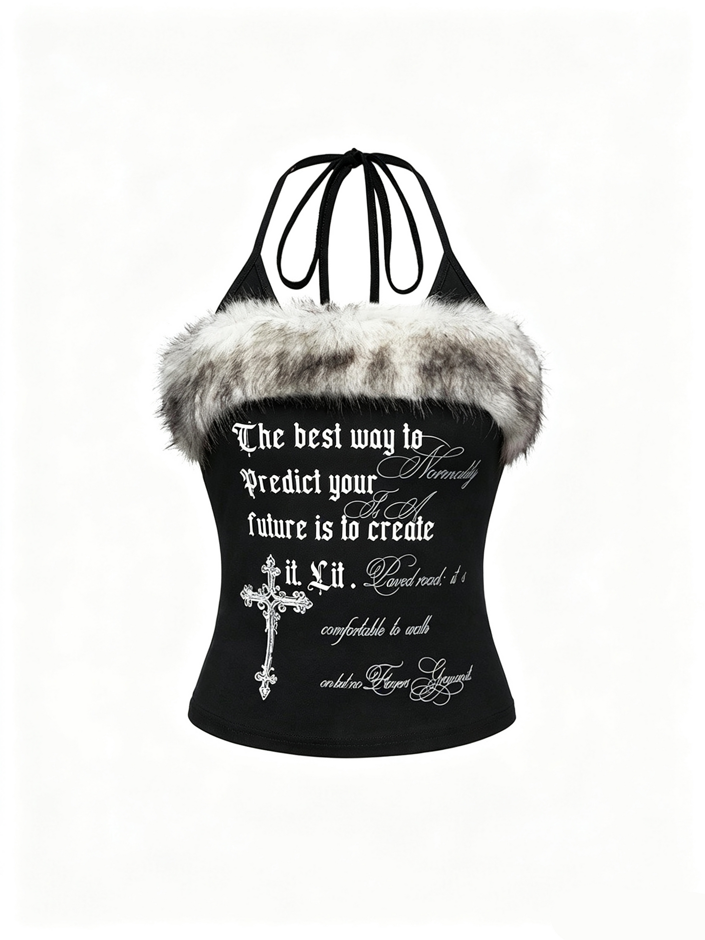 'Nostalgia Fluffy' Y2K Vintage Letter Print Fleece Halter Cami Top