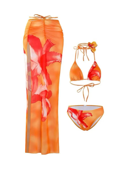 'Juicy Island‘ Y2k Orange Hibiscus Flower Bikini Midi Skirt Set AlielNosirrah