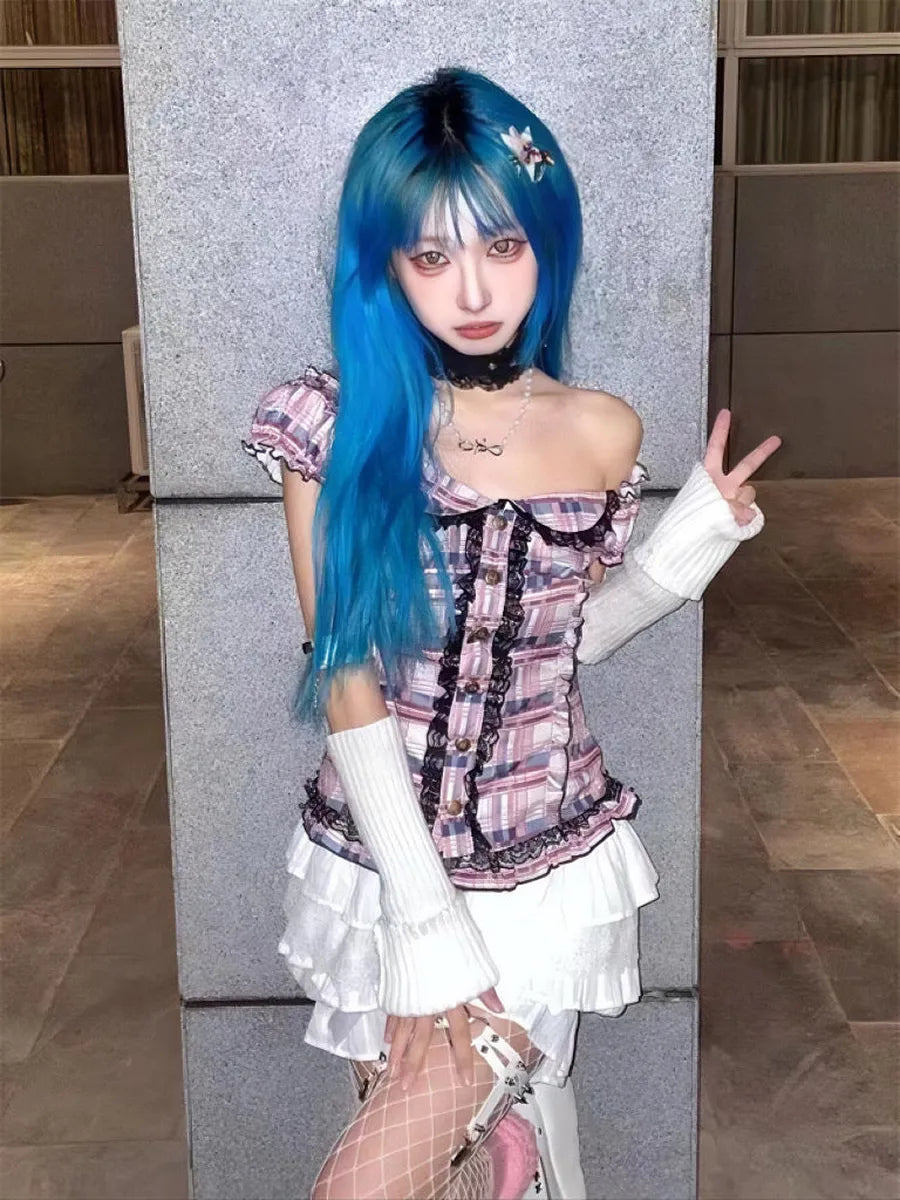 'Iris' Y2k Coquette Lace Pink Checked Shirts AlielNosirrah