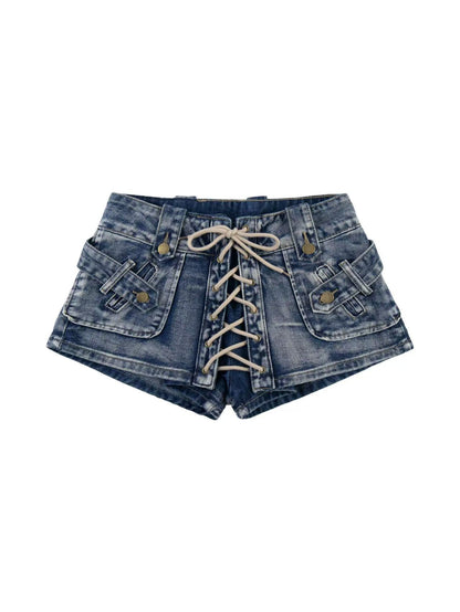 'Street Rogue' Vintage Heavy-Duty Lace-Up Denim Shorts AlielNosirrah