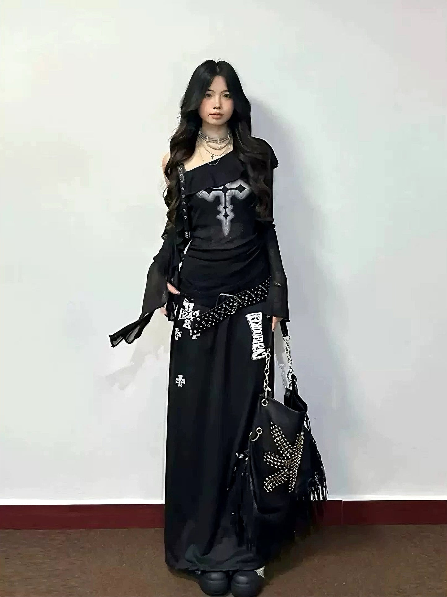 ’Dark Siren' Sheer Black Ruffle Drawstring Off-Shoulder Gothic Style Top AlielNosirrah