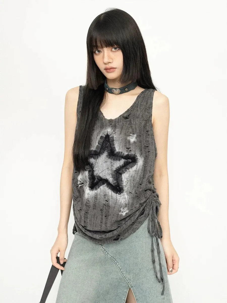 'Star Ash' Unisex Grunge Drawstring Ripped Gray Tank Top AlielNosirrah