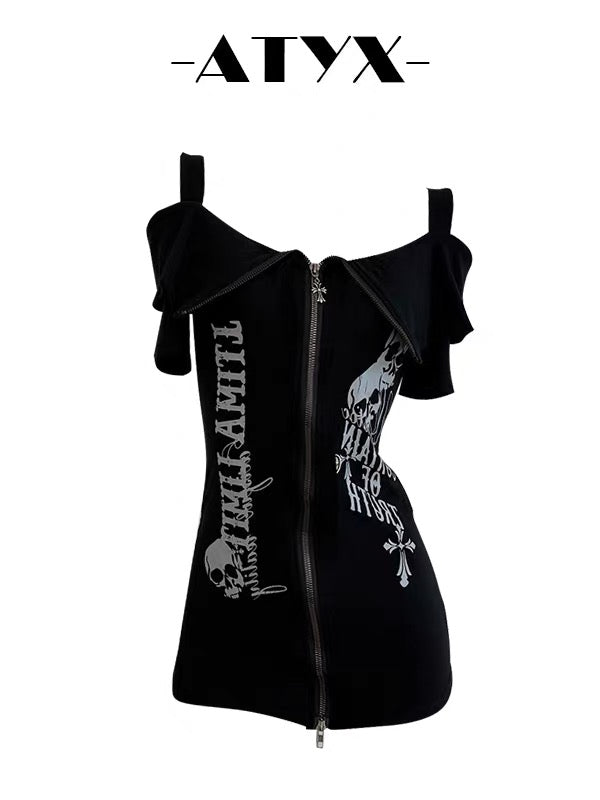 'Skull Knite' Alt Grunge Cotton Off-Shoulder Skull Shirts AlielNosirrah