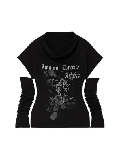 'Lucid Dream' Grunge Y2k "Autumn Gothic Print Draped Neck Black Tee AlielNosirrah