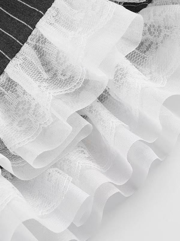 'Grey Puppet' Grey Stripe Lace Bow Pleated Mini Skirt