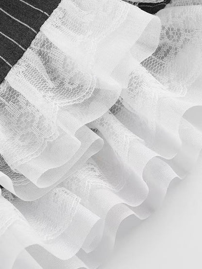 'Grey Puppet' Grey Stripe Lace Bow Pleated Mini Skirt