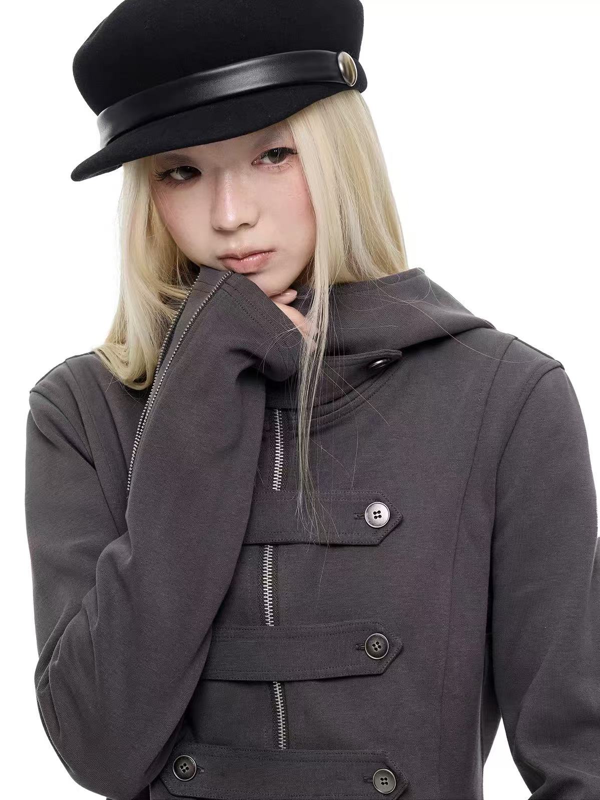 'Dark Crest' Shawl Hoodie Cuff Side Zipper Design