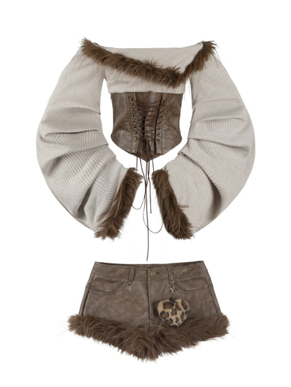 ’Wild Heart' Y2K Faux Fur Off-Shoulder Long Sleeve Top + Shorts Set (Copy) AlielNosirrah
