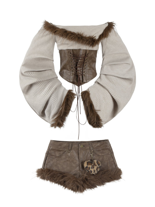 ’Wild Heart' Y2K Faux Fur Off-Shoulder Long Sleeve Top + Shorts Set (Copy) AlielNosirrah