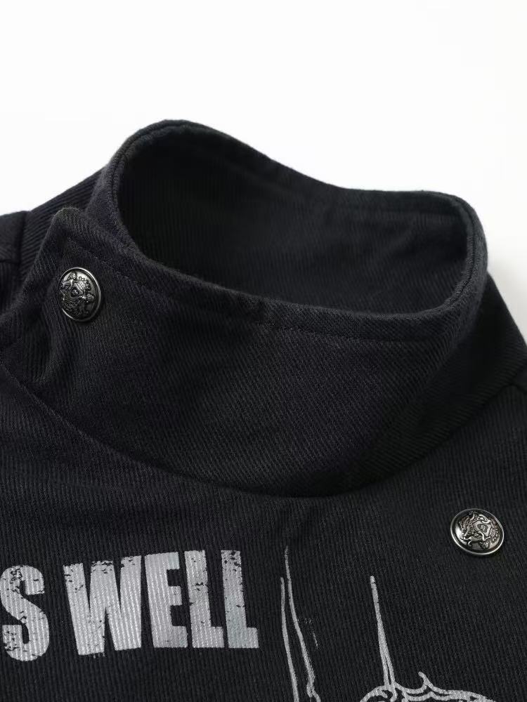 'Clasp Rock' Dark Rock Graphic Print Metal Buckle Cropped Jacket