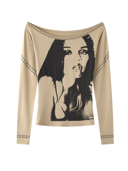 'Vintage Mirage' Vintage Studded Portrait Print Off-Shoulder Long Sleeve Top AlielNosirrah