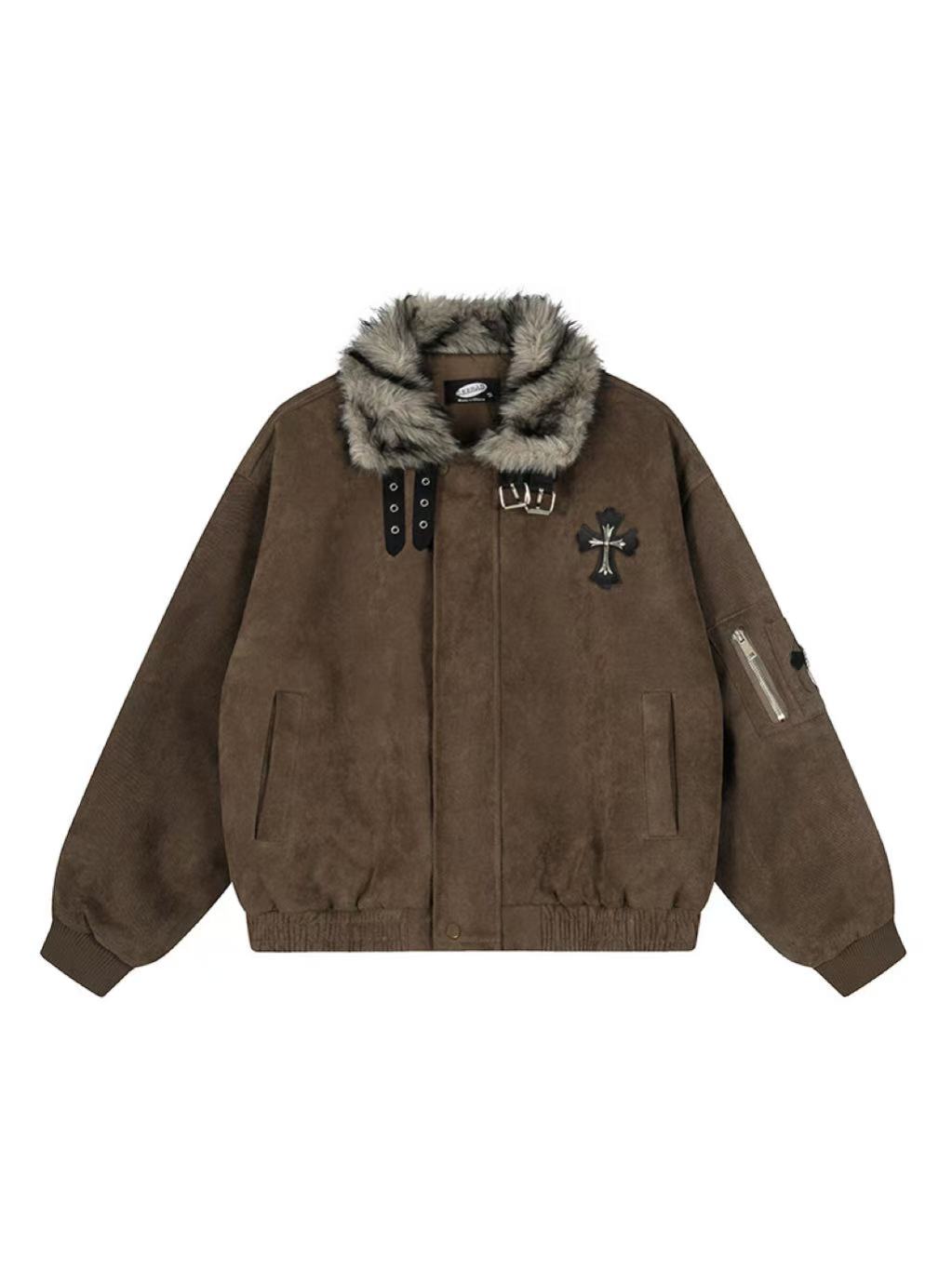 'Frosted Faith' Cross Print Fleece-Lined Thick Jacket AlielNosirrah