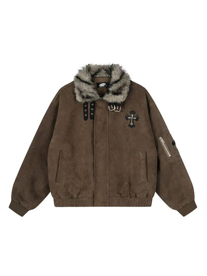 'Frosted Faith' Cross Print Fleece-Lined Thick Jacket AlielNosirrah