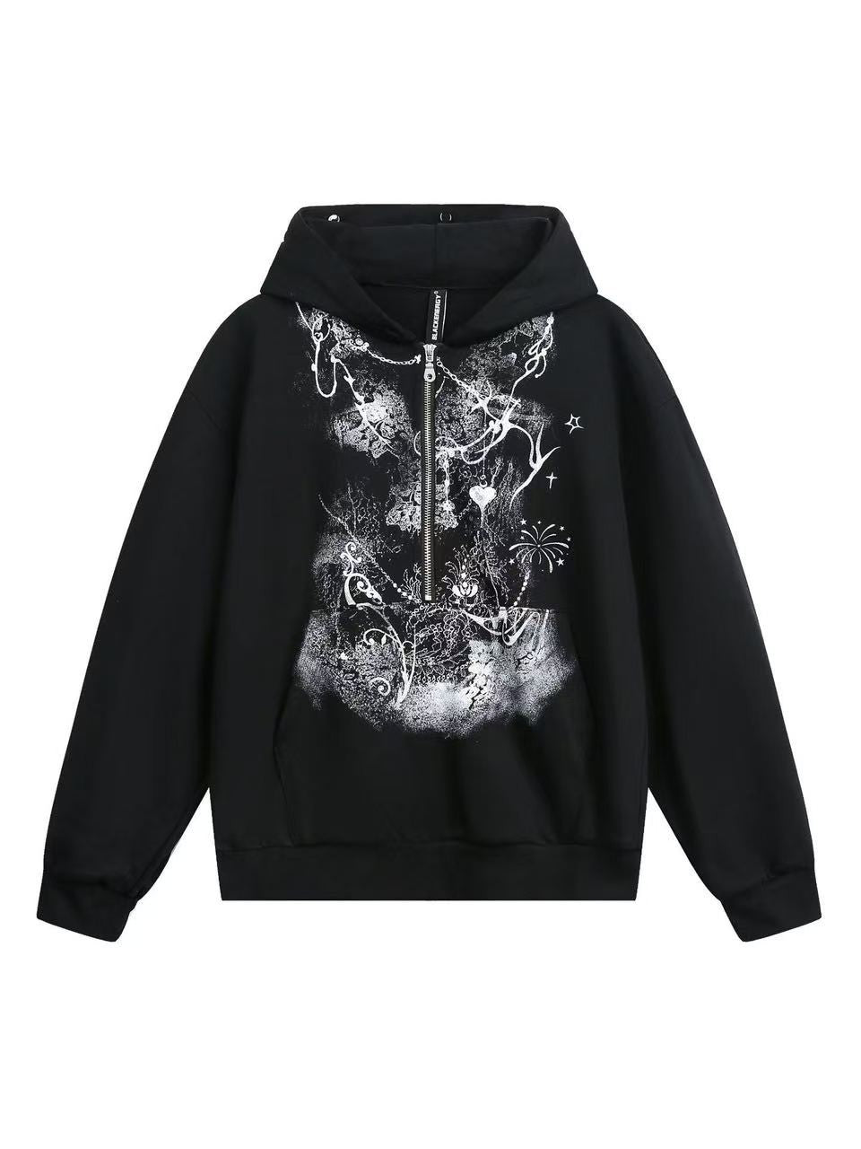 'Lonely Island' Y2K Detachable Furry Hood Printed Half-Zip Hoodie