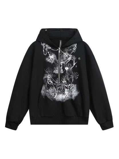 'Lonely Island' Y2K Detachable Furry Hood Printed Half-Zip Hoodie