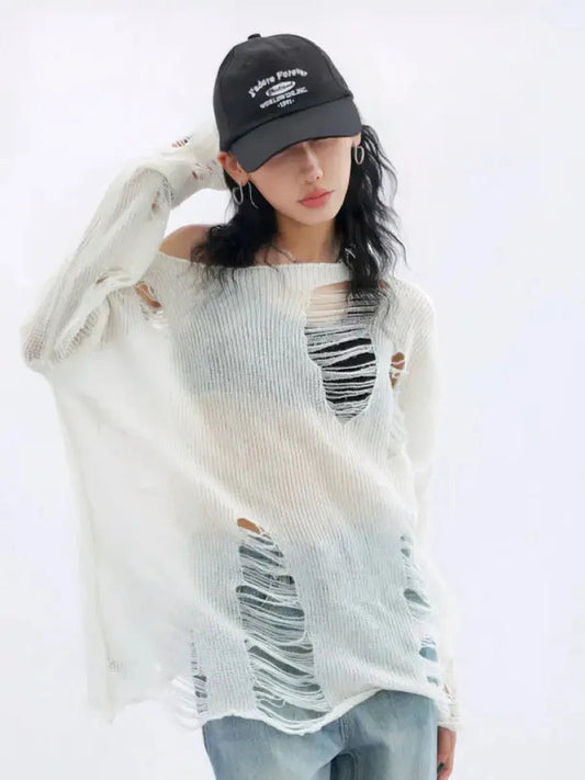 'Snow City' White Wasteland Punk Ripped Oversized Sweater AlielNosirrah