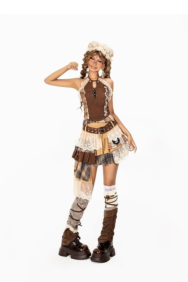 ’Autumn Reverie' Gothic Punk Lace Patchwork Corset Top & Pleated Skirt Set AlielNosirrah